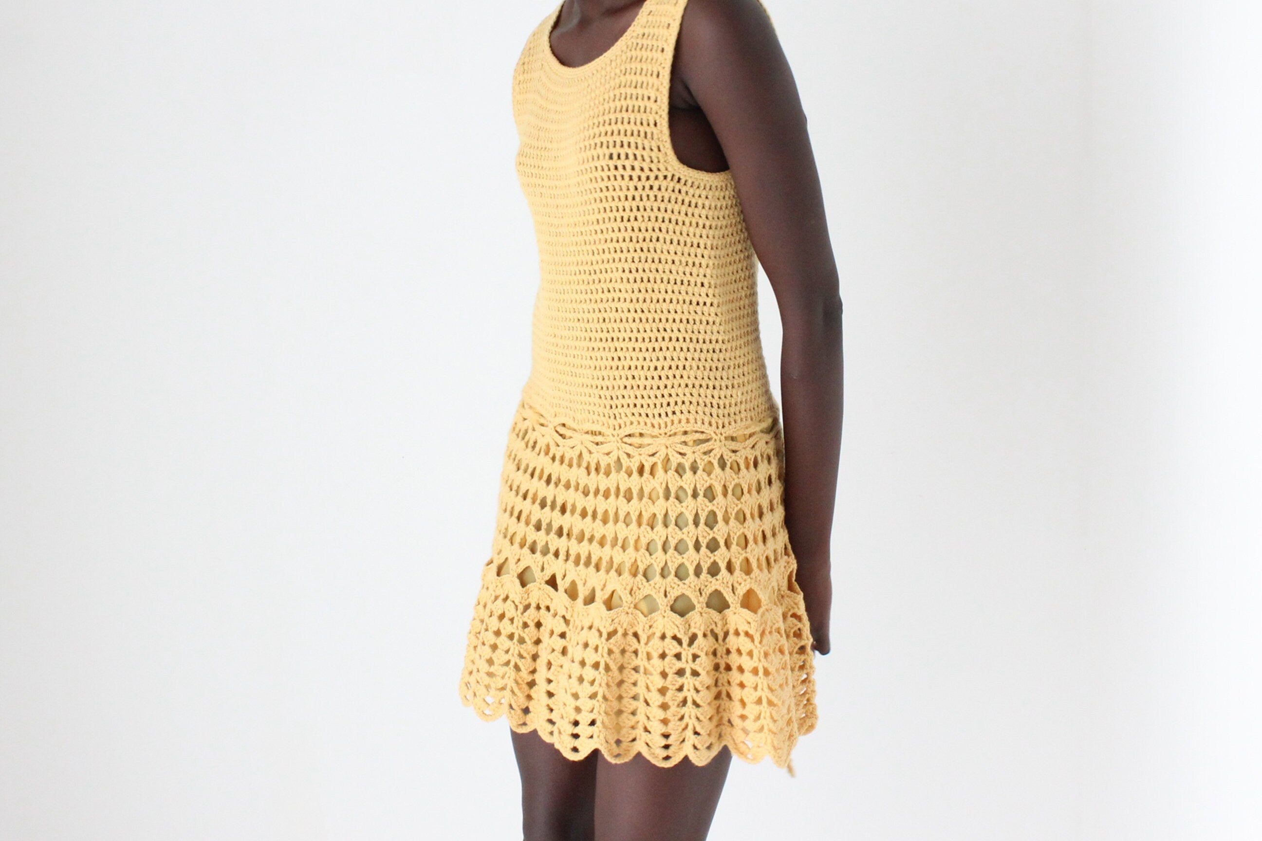 70s Textured Crochet Knit Mini Dress w/ Scalloped Hem