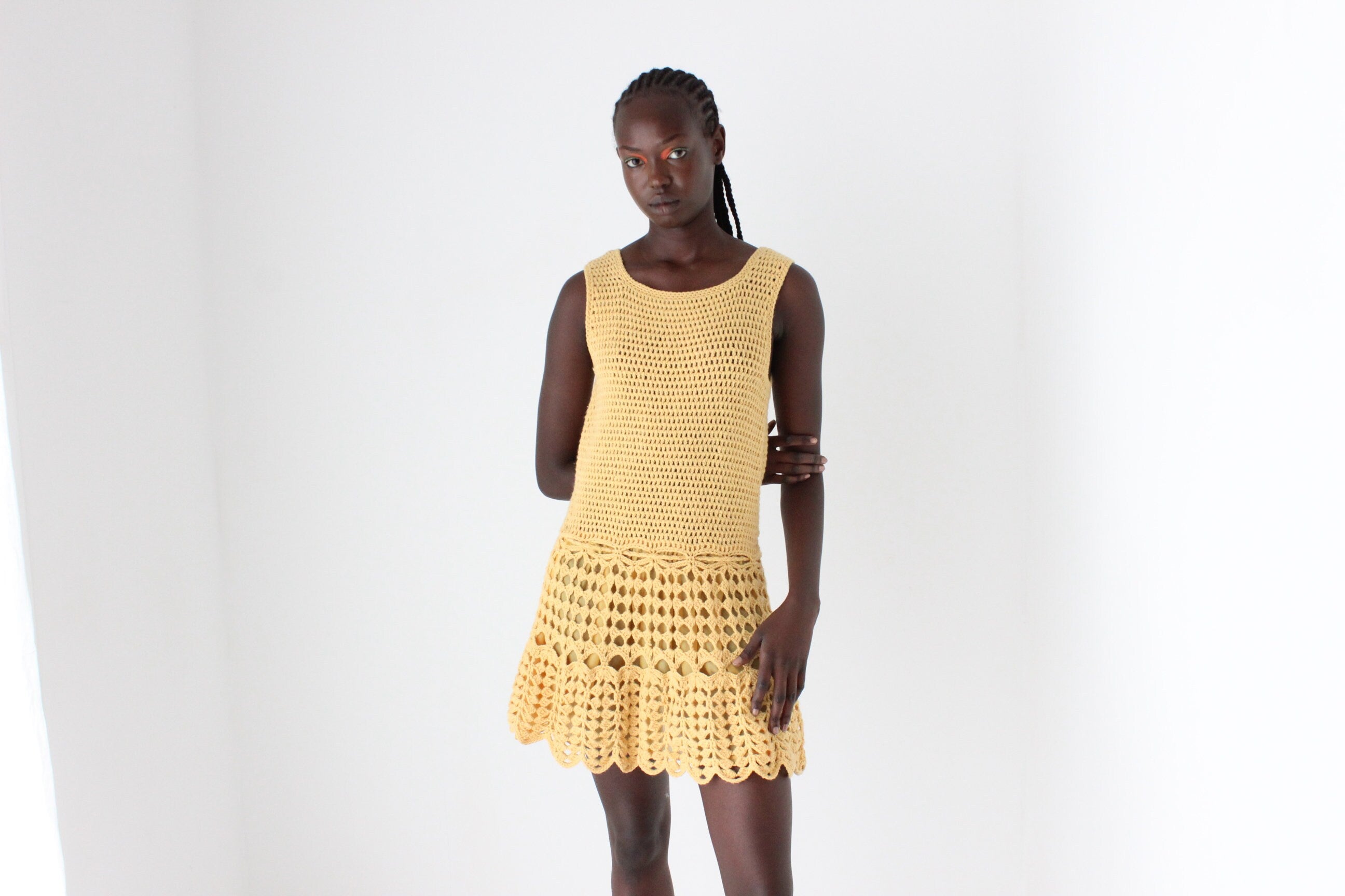 70s Textured Crochet Knit Mini Dress w/ Scalloped Hem