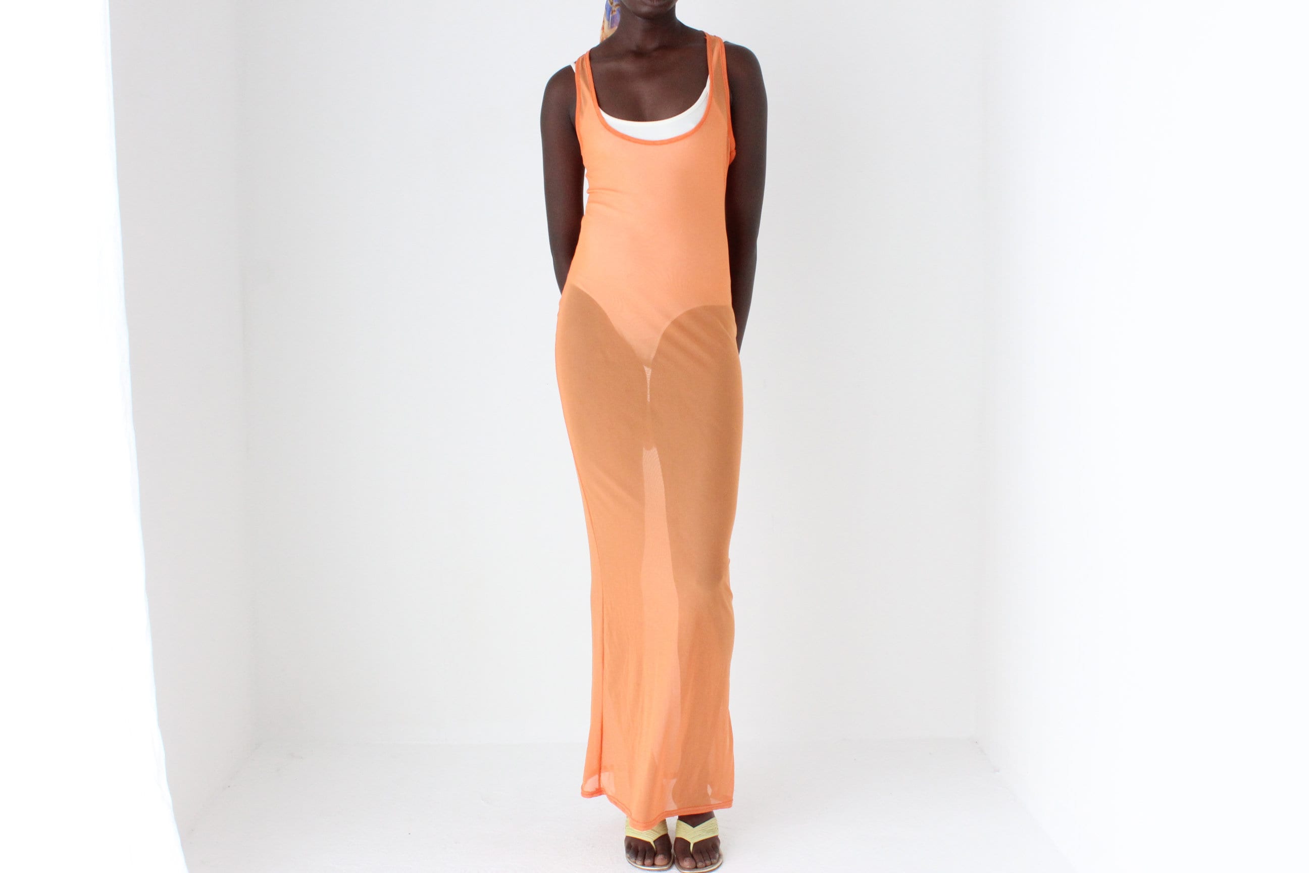 Y2K Sheer Orange Mesh Maxi