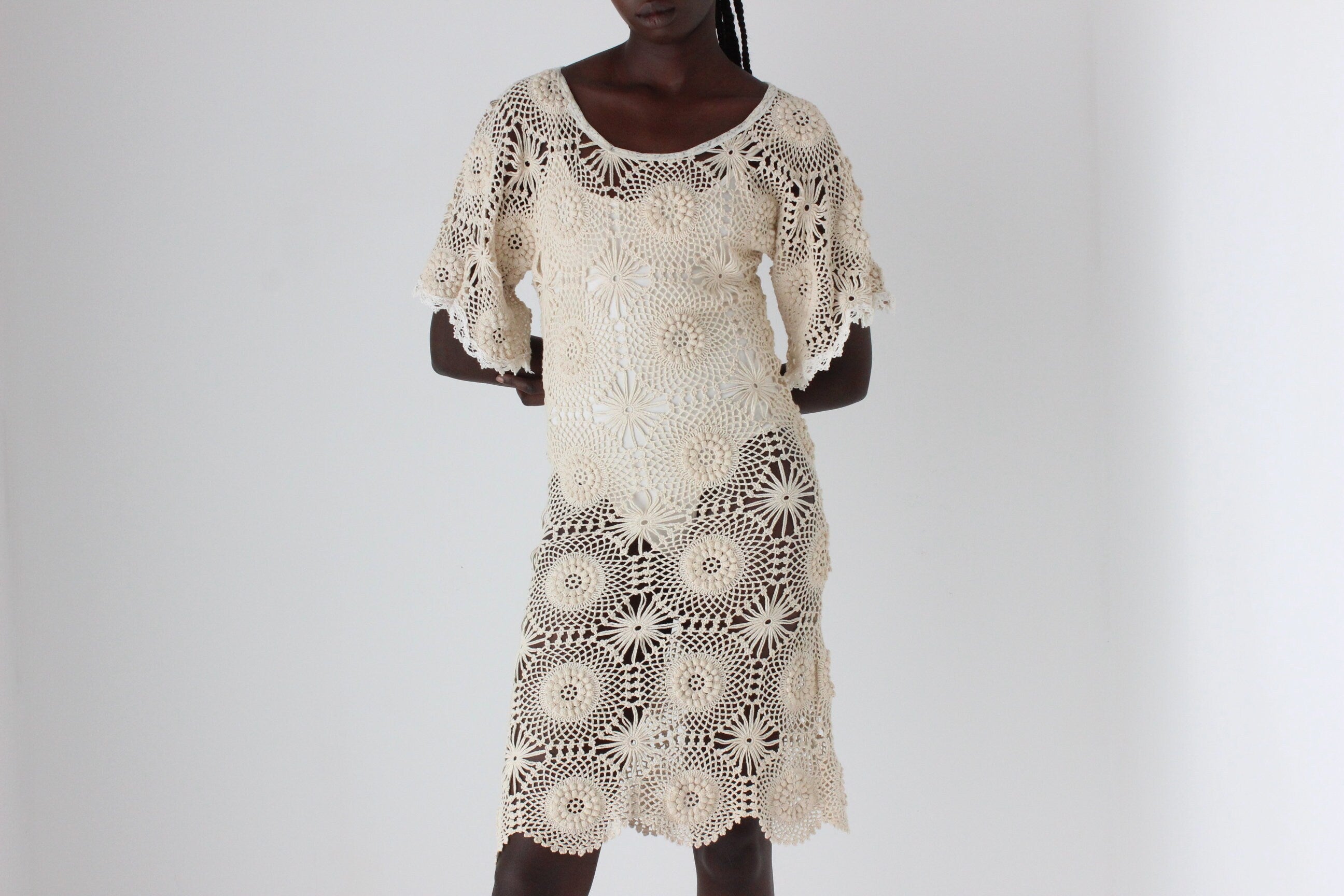 70s Handmade Crochet Cotton Knit Dress