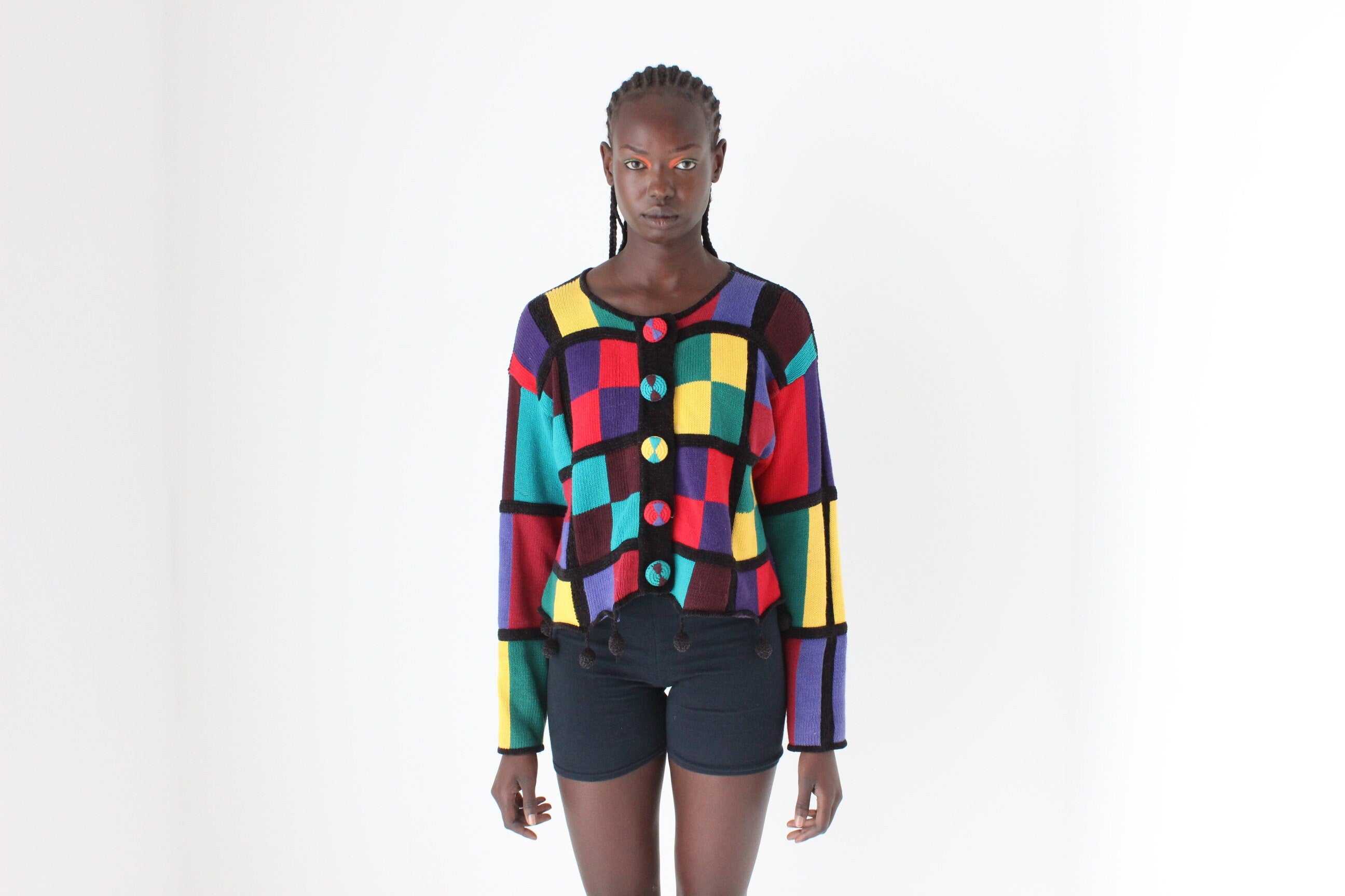 80s Rainbow Checkerboard Cotton & Ramie Cropped Knit