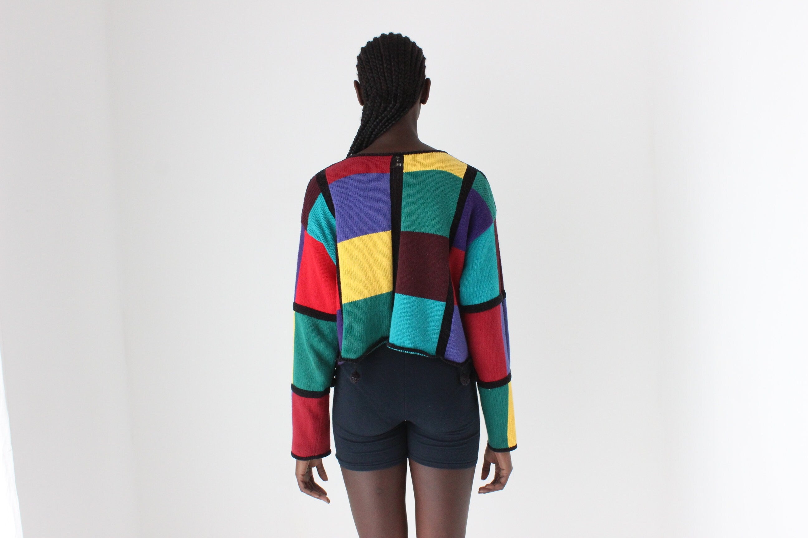 80s Rainbow Checkerboard Cotton & Ramie Cropped Knit