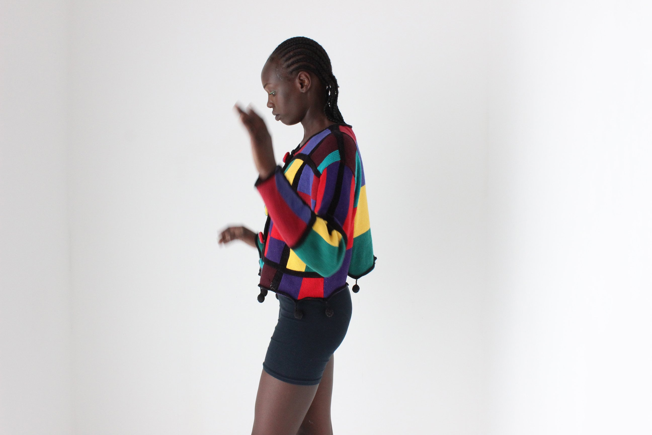 80s Rainbow Checkerboard Cotton & Ramie Cropped Knit