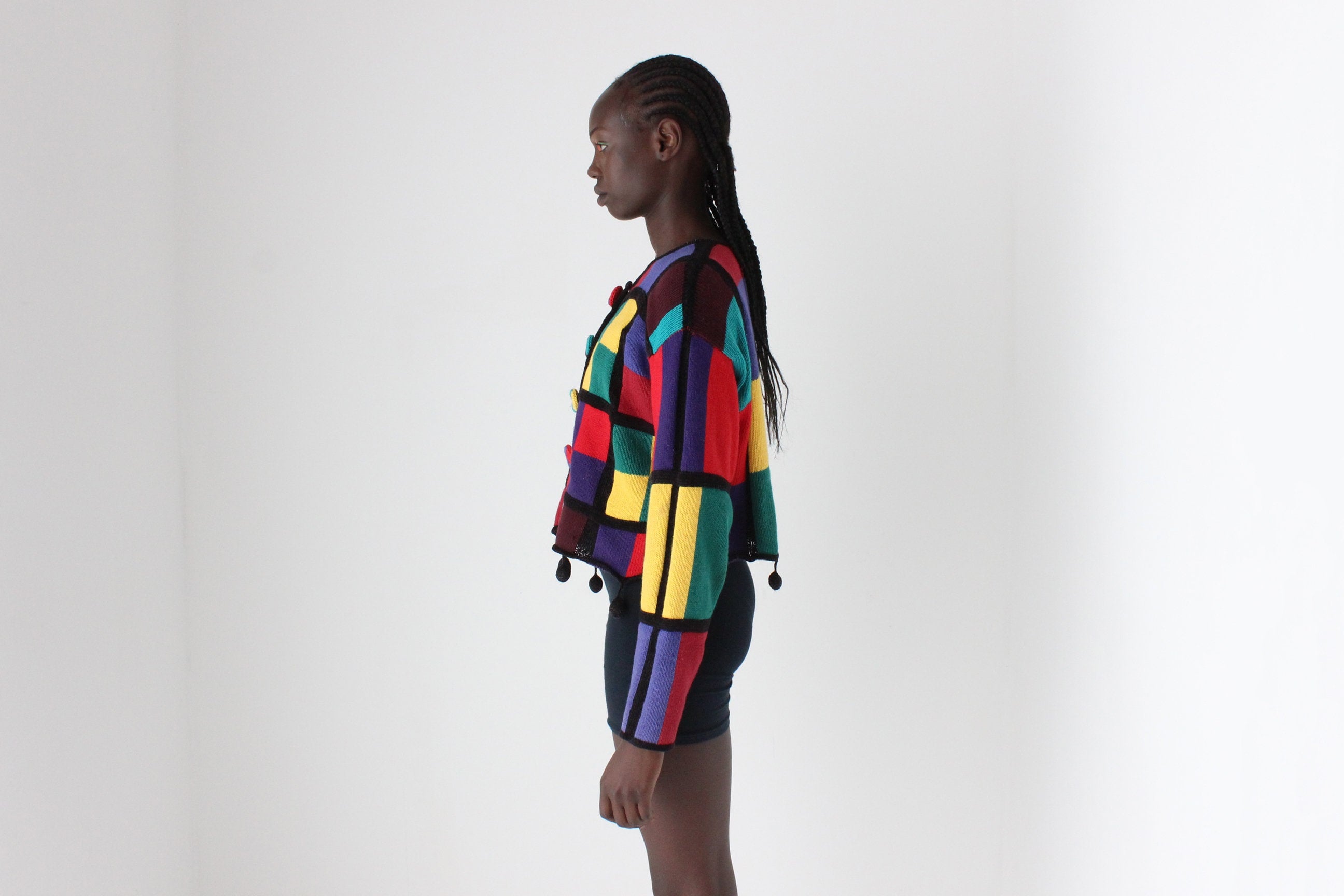 80s Rainbow Checkerboard Cotton & Ramie Cropped Knit