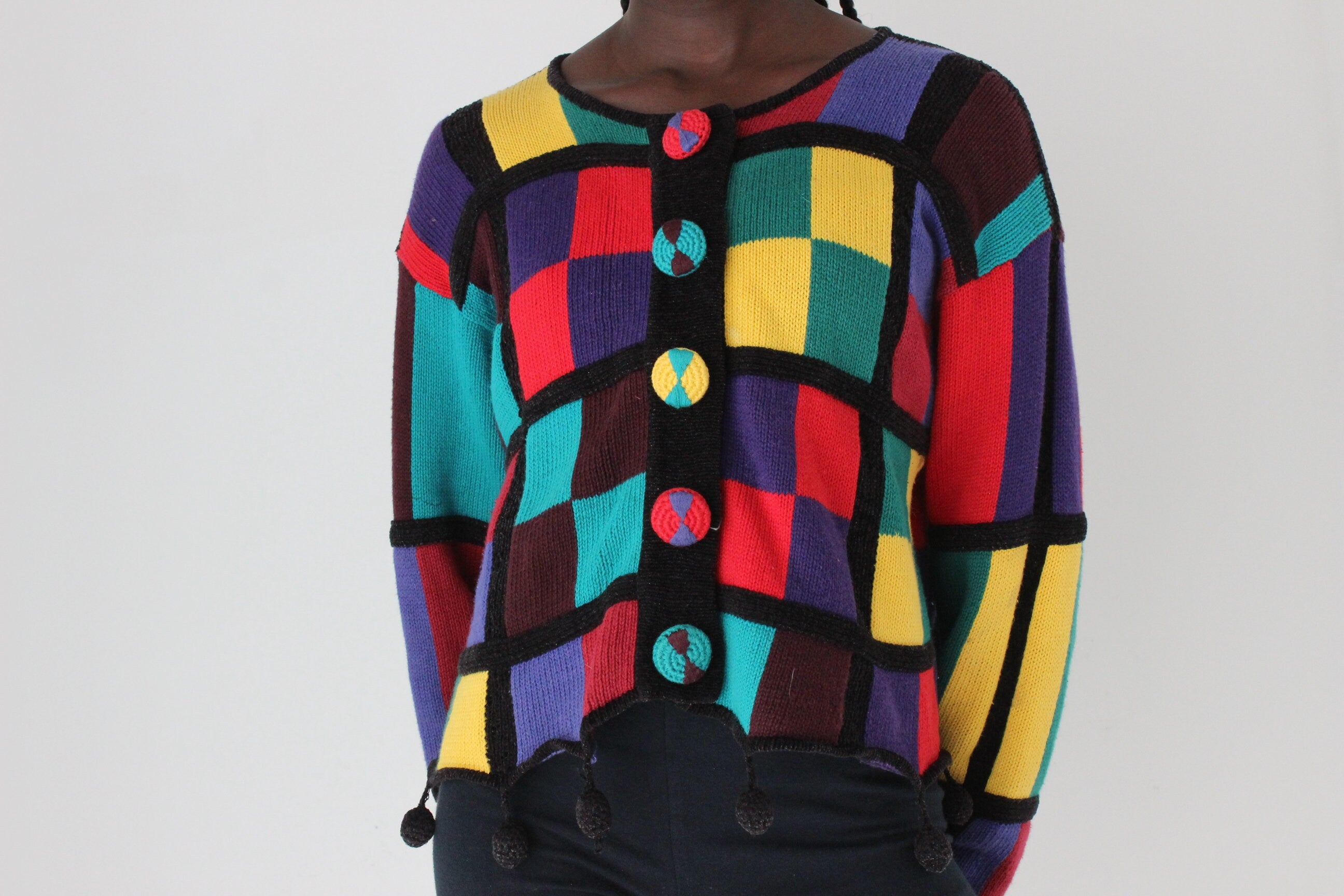 80s Rainbow Checkerboard Cotton & Ramie Cropped Knit