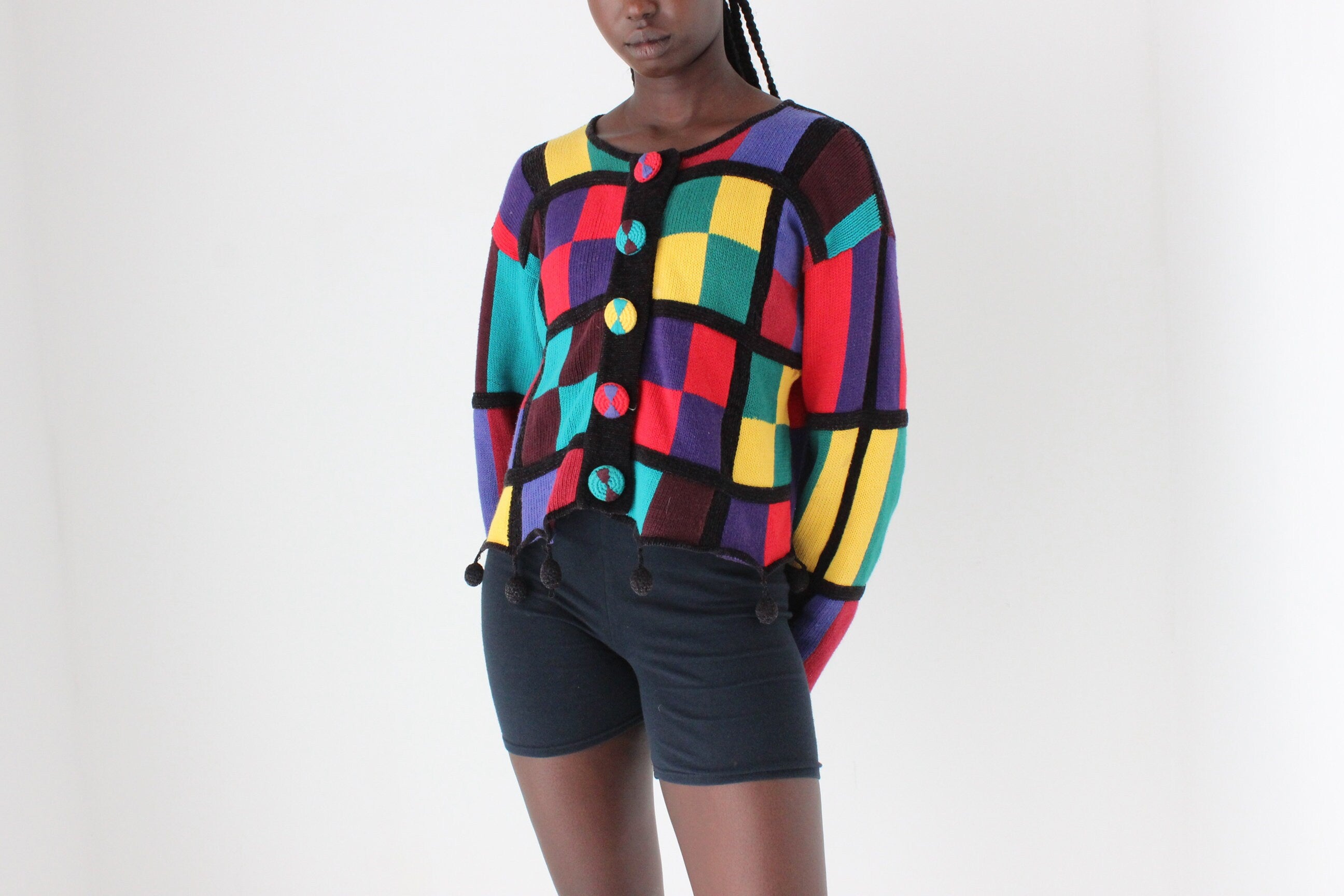 80s Rainbow Checkerboard Cotton & Ramie Cropped Knit