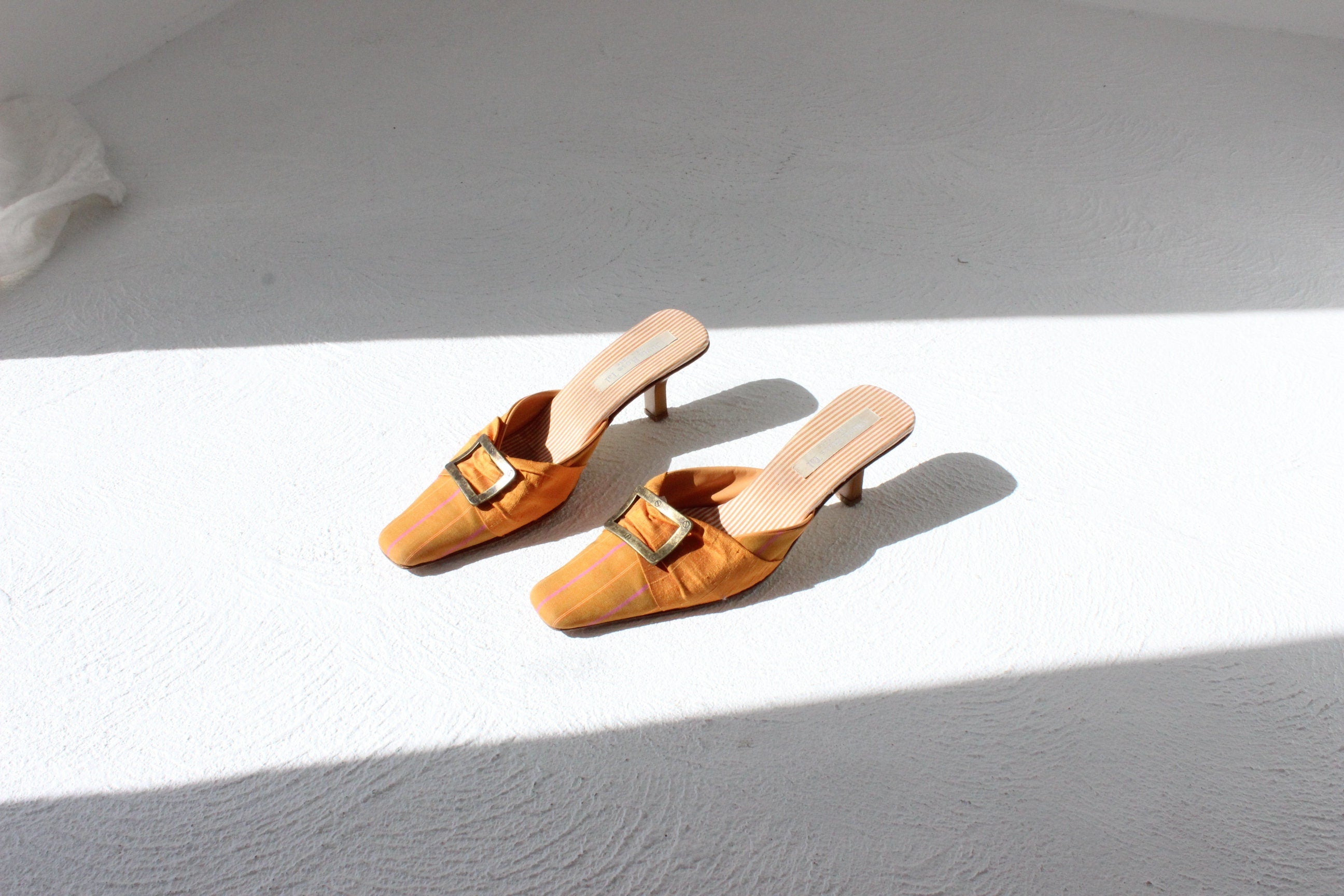 90s Olivia Rose Tal Raw Silk Courtier Mules w/ Brass Buckle - Euro 40