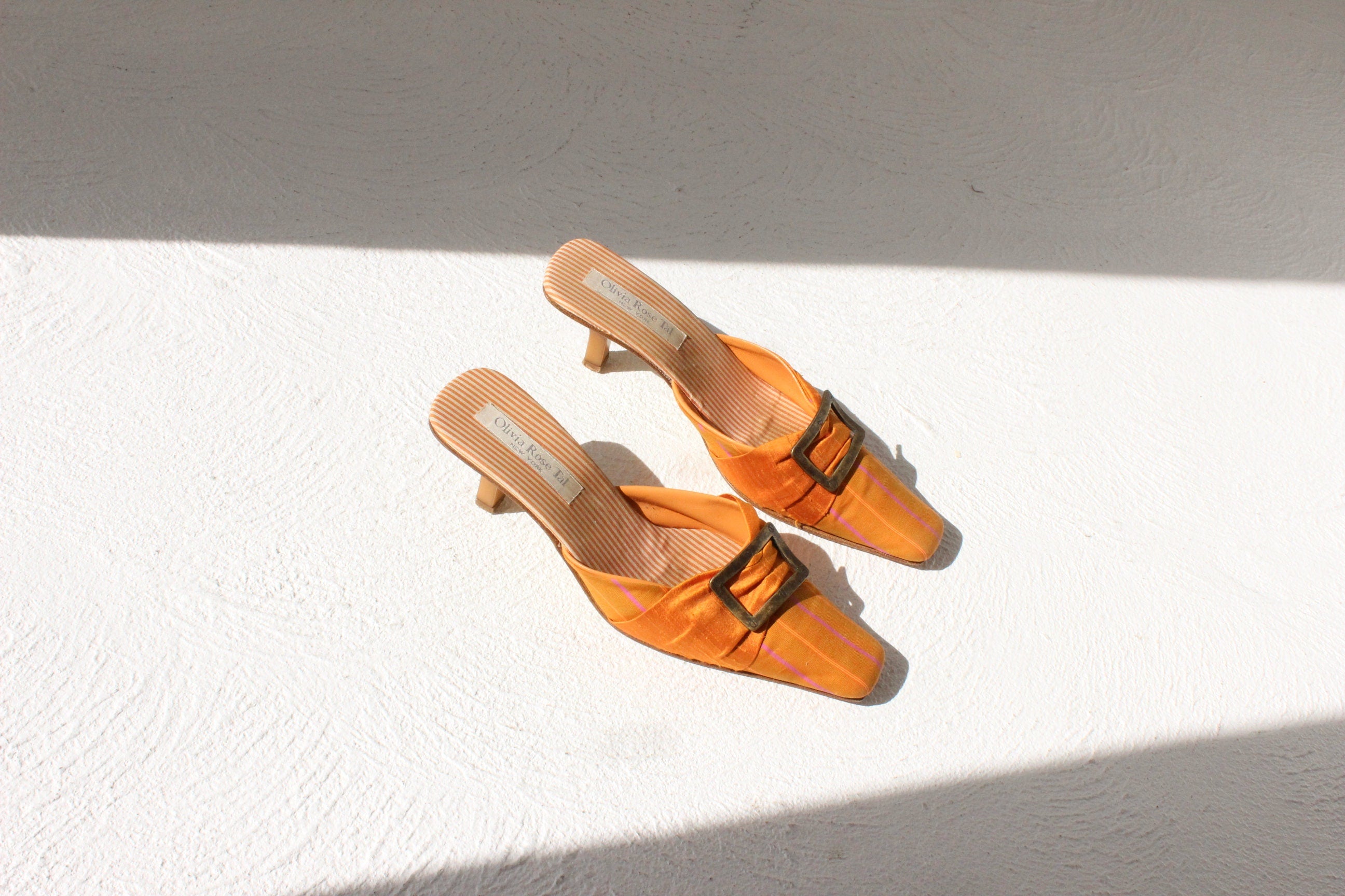 90s Olivia Rose Tal Raw Silk Courtier Mules w/ Brass Buckle - Euro 40