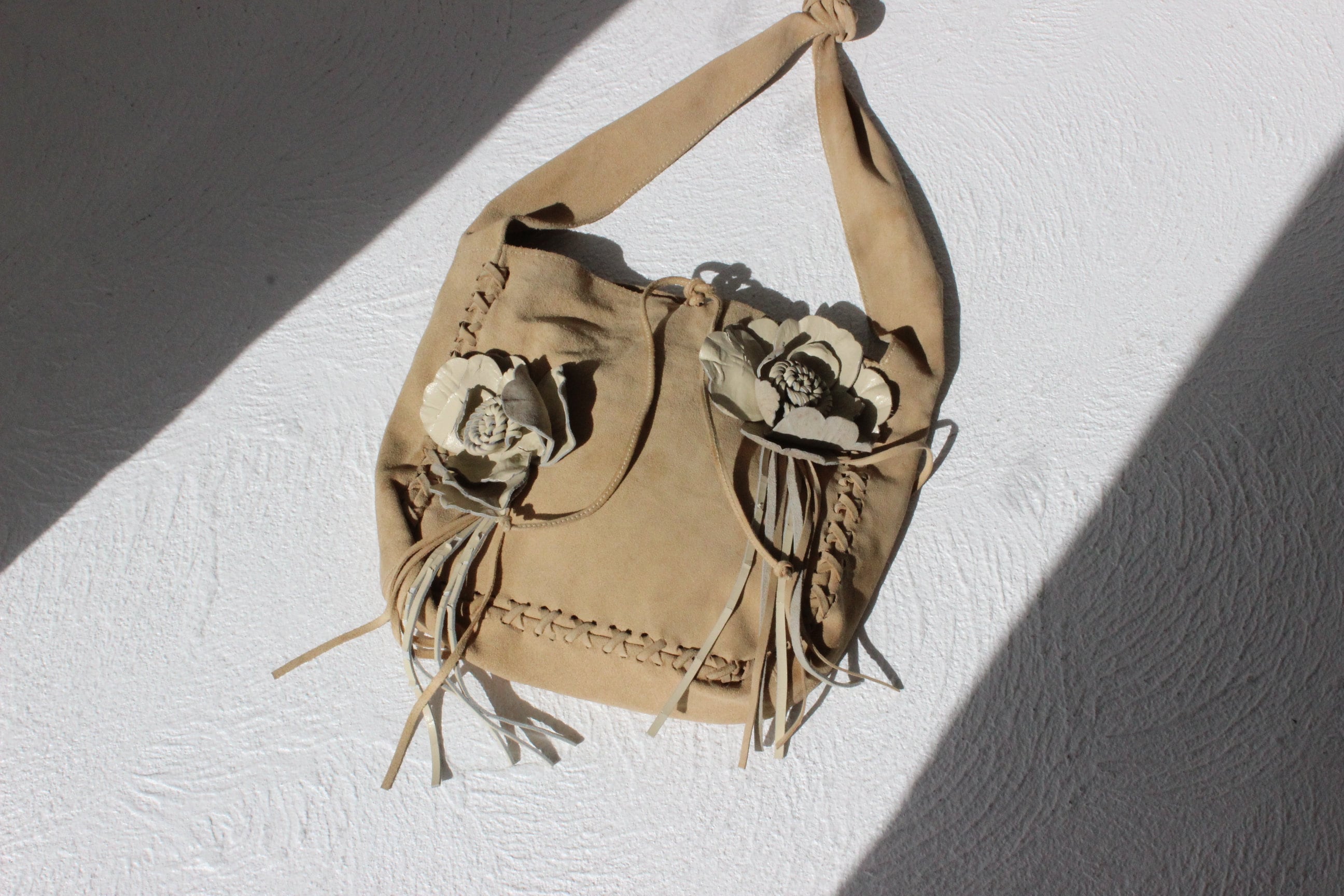 90s Suede Textured 3D Flower & Fringe Handbag